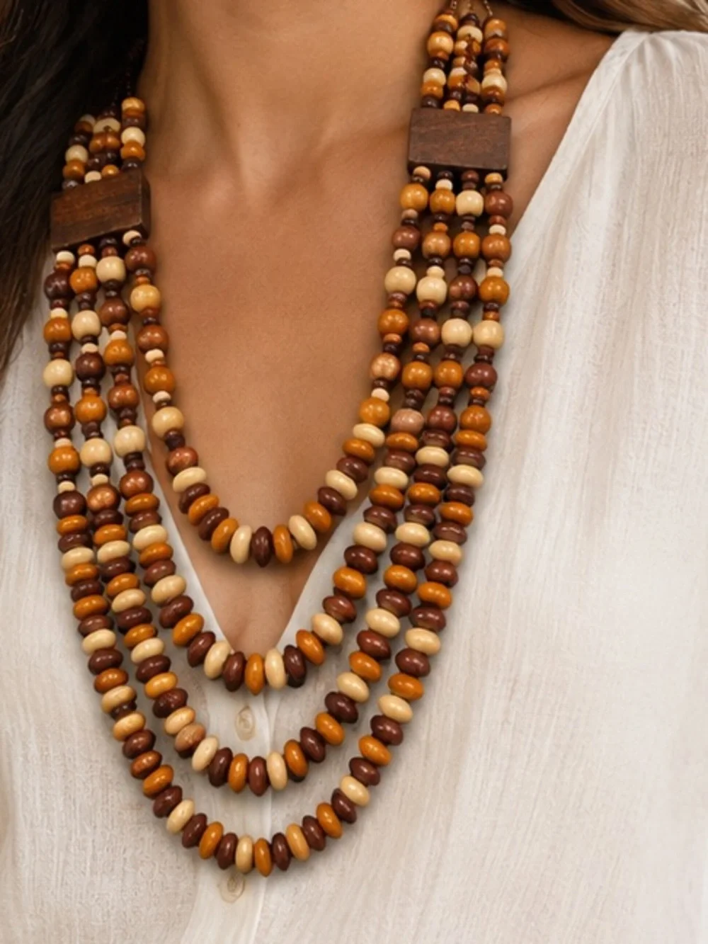 Layered Wooden Bead Necklace and Bracelet Set - Brown
